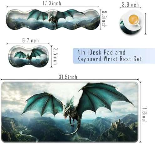 TGFEWYTJYJ Extended Gaming Mouse Pad,Memory Foam Ergonomic Keyboard Mouse Wrist Rest Support Set,Large Desk Mat with Stitched Edges,Non-Slip Base Mousepad Home Office,Dragon in Flight - Image 2