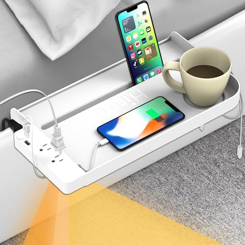 Hiree Bedside Shelf for Dorm Bunk Bed with USB Charging Port and 2 AC Outlets, Bedside Caddy, Bunk Bed Extender, Attachable Bedside Table, College Dorm Essential Clip On Bedside Tray, Plus Size, White by Hiree