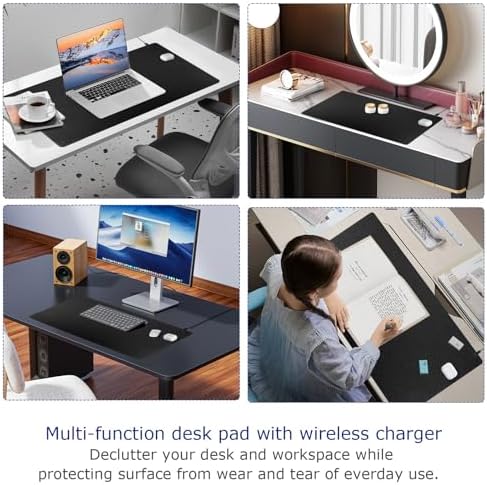 EYStech™ Desk Pad with Wireless Charger, Leather, Waterproof, Anti-Slip Wool Felt Base Material, Office Table Mat, Fast Charging Gaming Mouse Pad, 36”(L) x 17”(W), Black (Right Side Charging Port) - Image 6