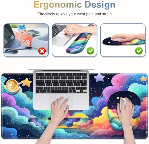 Mouse Pad with Wrist Support 4 in1 Set, XXL Big Game Mousepad + Keyboard Wrist Rest + Mouse Wrist Rest Pad +Coaster Gaming Mat for Home Office Work Computer Laptop I Colorful Clouds Starry Night - Image 2