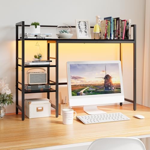 HavenlyYouth Desk Shelf with LED Light Strip, 3-Tier Storage Desktop Organizer Shelf, 38.6" Wood Desktop Bookshelf for Computer Monitor, Desk Hutch for Home Office Dorm, Black - Image 2