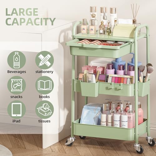 KINGRACK 3 Tier Metal Rolling Cart with Drawer, Green Utility Storage Cart - Image 5