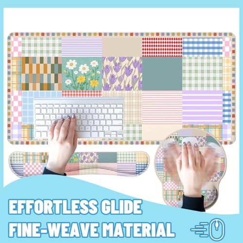 Girlcore Patchwork Desk Mat Set Pink Pastel Plaid Floral Large Mouse Pad with Wrist Rest 4in1 Desk Mat for Desktop Ergonomic Computer Desk Arm Wrist Anti-Slip Computer Mouse Pad Home Office Gaming - Image 4