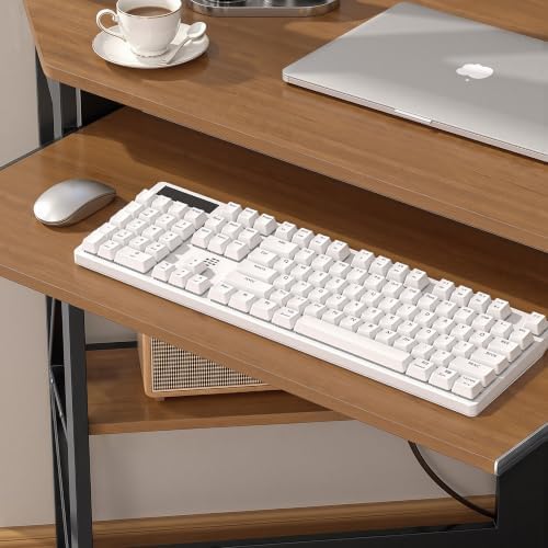 VECELO Corner Desk, Triangle Computer Desk for Small Space with Charging Station and Keyboard Tray, Corner Makeup Table with Storage Shelves for Home Office Bedroom, 41x30, Light Walnut - Image 5