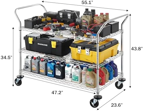 Finnhomy 3-Tier Commercial Grade Rolling Cart, Heavy Duty Utility Carts with Wheels and Handles, Kitchen Trolly on Wheels, Metal Serving Shelves with 700 lbs Capacity, Shelf Size 24" D x 48" W, NSF - Image 2