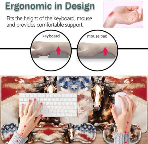 31.5"x 11.8" Oversized Gaming Mouse Pad Set, Ergonomic Keyboard and Mouse Wrist Rest + Cup Holder, Non-Slip Desktop Pad, Suitable for Home and Office Use, American Flag and Horse - Image 5