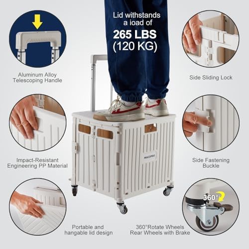 Foldable Utility Cart Folding Portable Rolling Crate Handcart with Durable Heavy Duty Plastic Telescoping Handle Collapsible 4 Rotate Wheels for Travel,Shopping, Luggage, Office, Teacher(White) - Image 3