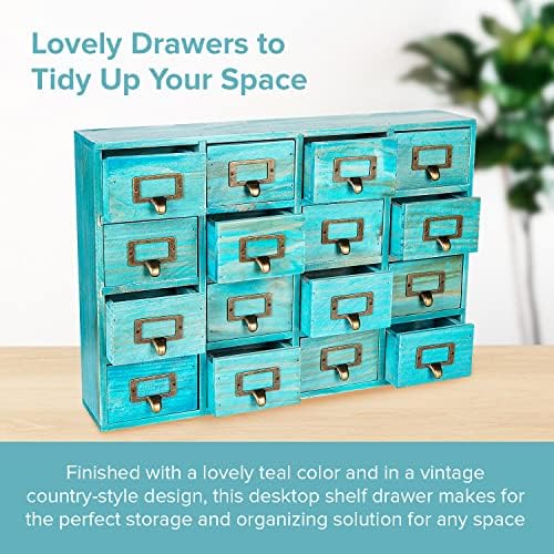 Teal 16-Slot Wooden Drawer Unit - Country Style Desk Organizer Box - 20"x3.6”x14” Wooden Storage Box w/ 16 Drawers - Countertop Drawers w/Label Holder & Handle - Slim 4-Level Desk Organizer - Image 3