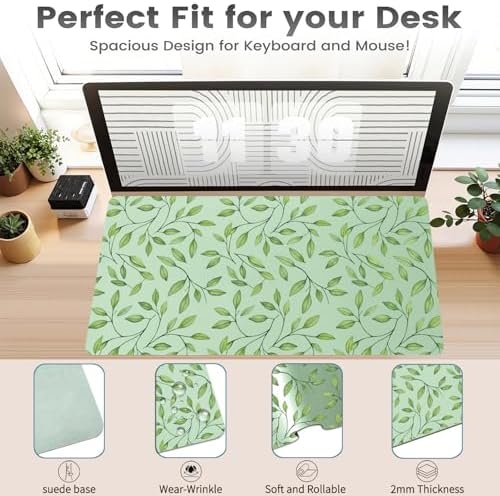 Botanical Foliage Print Office Desk Mat 31.5" x 15.7" Desktop Mat PU Leather Large Mouse Pad White Mousepad Non-Slip Table Mat for Girls, Women, Home, Work, Computer, and Gaming - Image 3