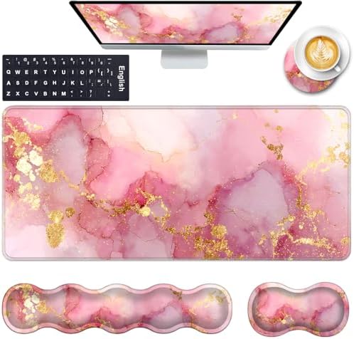 Keyboard Wrist Rest and Mouse Pad with Wrist Support Set Ergonomic Coaster,Memory Foam,Easy Typing Pain Relief,Large XL Desk Mat 31.5"x 11.8",Pink Gold Marble by CICPLKSE