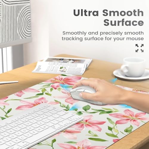Watercolor Lily Office Desk Mat 31.5" x 15.7" Desktop Mat PU Leather Large Mouse Pad White Mousepad Non-Slip Table Mat for Girls, Women, Home, Work, Computer, and Gaming - Image 4