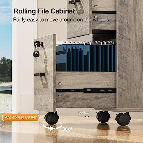 VINGLI 2 Drawer File Cabinet with Lock, Wood Rustic Gray Filing Cabinet for Letter Size File Folders with Tabs, Under Desk Rolling File Cabinets for Home Office, Mobile File Organization Printer Stand - Image 6