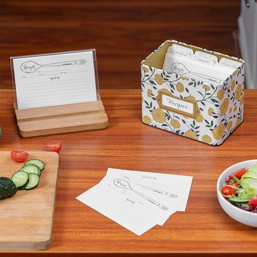 Cabbrix Recipe Box with 50 Cards and 24 Dividers, 4x6 Recipe Card Box Set, Wooden Lid with Phone Holder and Recipe Holder, Beautiful Metal Recipe Organizer, Marigold - Image 3