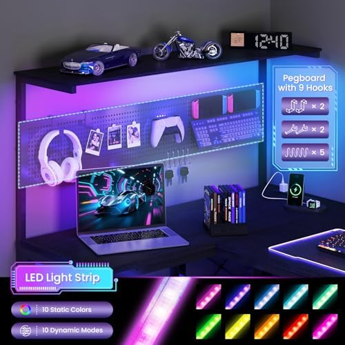 55in L Shaped Gaming Desk with Pegboard & Shelf & Storage Bag, Black - Image 4