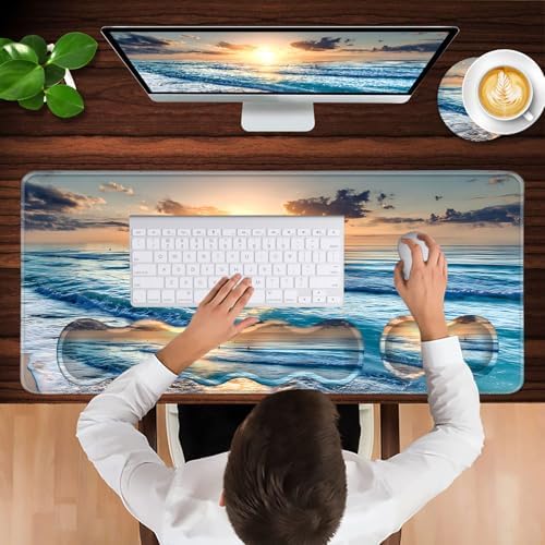Keyboard Wrist Rest and Mouse Pad with Wrist Support Set Ergonomic Coaster,Memory Foam,Easy Typing Pain Relief,Large XL Desk Mat 31.5"x 11.8",Beach - Image 4