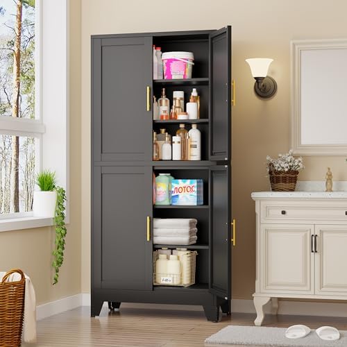 75" Tall Kitchen Pantry Cabinet, Black Metal Pantry Storage - Image 6