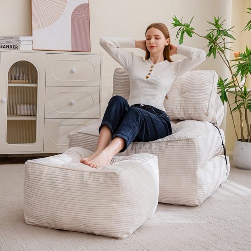 HIGOGOGO Square Stuffed Pouf Ottoman, Corduroy Poufs with Foam Chunk Filling, Furry and Fluffy Pouf Foot Stool Storage Ottoman, 25.6 X 25.6 Floor Poufs Foot Rest for Living Room, Beige - Image 4
