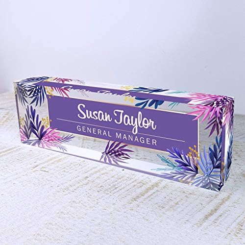 Artblox Office Desk Name Plate Personalized | Custom Name Plates for Desks | Purple Leaf Design On Clear Acrylic Glass | Office Desk Decor - (8" x 2.5") - Image 5