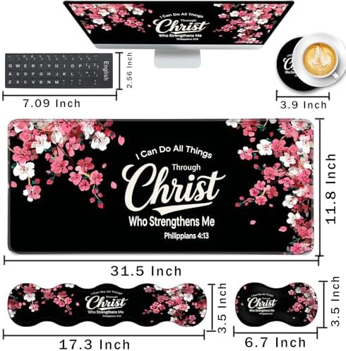 Keyboard Wrist Rest and Mouse Pad with Wrist Support Set Ergonomic Coaster,Memory Foam,Easy Typing Pain Relief,Large XL Desk Mat 31.5"x 11.8",Floral Christian Quote - Image 2