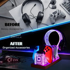 YuanDian Gamer Gifts for Teenage Boy, Desk Gaming Headset and Controller Stand with Blue Pink LED Night Light, Acrylic Wooden Controller Holder with PCB Pattern, Desk Decor Gift - Image 5