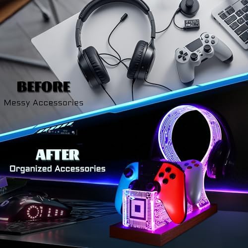 YuanDian Gamer Gifts for Teenage Boy, Desk Gaming Headset and Controller Stand with Blue Pink LED Night Light, Acrylic Wooden Controller Holder with PCB Pattern, Desk Decor Gift - Image 5