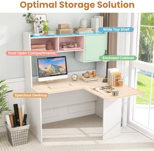 GIANTEX L Shaped Desk with Hutch, White Corner Desk with Storage Shelf & Cabinet, Laptop PC Table Gaming Computer Table Workstation, Modern Executive Study Writing Desk for Home Office, Bedroom - Image 4
