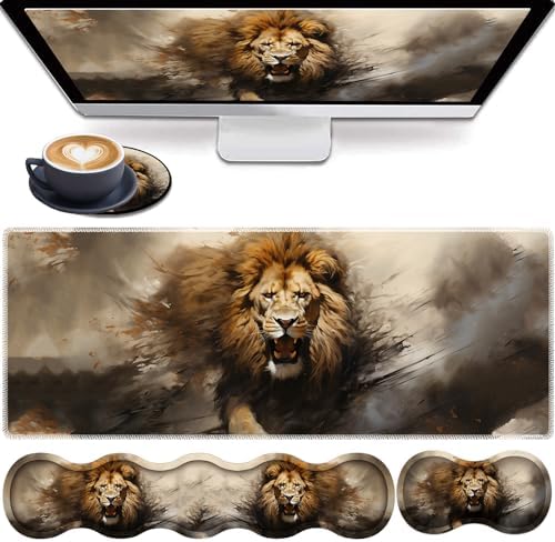 4 in 1 Mouse Pad Combo, Large Gaming Mouse Pad + Keyboard Wrist Support + Mouse Wrist Rest + Coaster, Table Pad with Stitched Edge Ergonomic Wrist Pad Set, Lion by RVHOEZZM