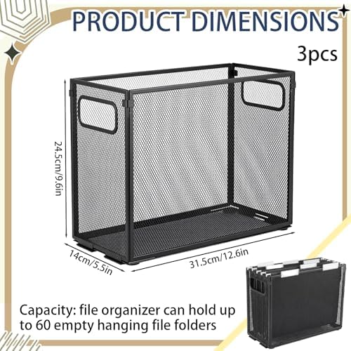 Zhengmy 3 Pcs Hanging File Organizer Letter Size File Holder Metal Mesh Filing Box Desktop Folder Letter Storage Cabinets Magazine Holder with Handles for Home Office School Document (Black) - Image 2