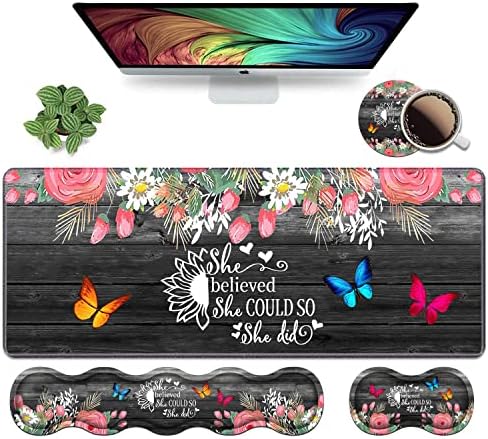 Ergonomic Keyboard Wrist Rest and Mouse Pad Wrist Rest Set, Large XXL Gaming Desk Mat 31.5"x 11.8",Non-Slip Base, Memory Foam,Easy Typing Pain Relief, Floral Quote She Believed She Could So She Did by Unknown