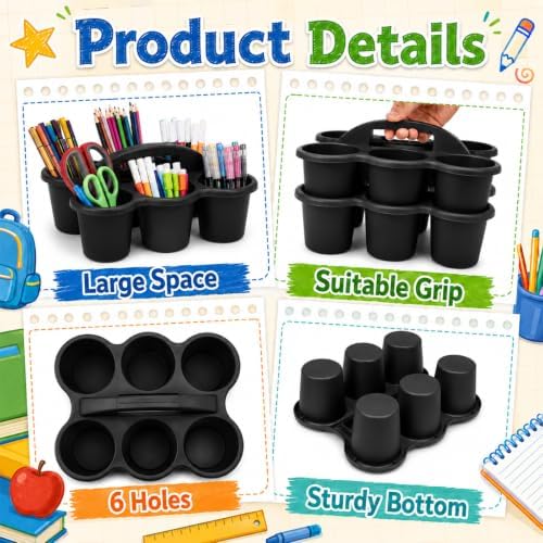 6 Pack Classroom Caddy With Handle for School Supplies, Black - Image 3