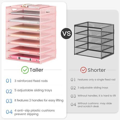 Lavatino 2 Pack 8-Tier Office Desk File Organizer, Letter Tray Paper Organizer with Handle, Including 5 Adjustable Slide Trays for Organizing Desk Workspace Accessories and Supplies (Pink Mesh) - Image 6
