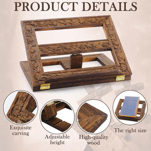 DoubleFill Adjustable Wooden Bible Stand Carved Bible Holder Missal Stand Book Display for Reading Folding Religious Prayer Wooden Holy Book Holder 12.99 x 10.04 Inches(Dark Brown) - Image 3