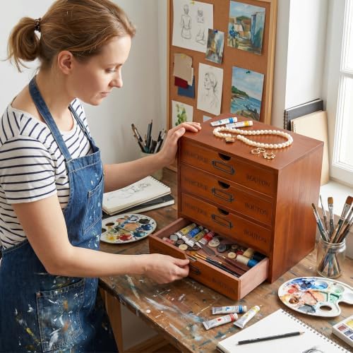Wesiti Wooden Desk Organizer, 4 Drawers, Vintage Makeup Cabinet, Brown - Image 2