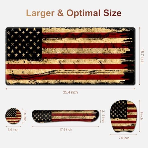 Large Mouse Pad with Wrist Support 4in1 Set, XXL Game Mousepad + Keyboard Wrist Rest+Mouse Wrist Rest+Coaster with Ergonomic Design Gaming Mat for Home Office Table Computer I Retro USA Flag - Image 6