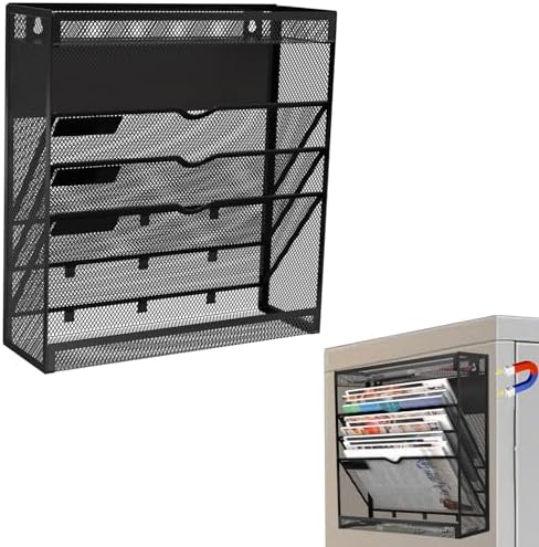 5 Tier Magnetic File Holder, No Drilling Wall File Organizer, Magazine Paper Mail Document Holder/Magnetic Hanging File Organizer for File Cabinets,Whiteboard refrigerator,Office,Classroom(Black) by LQPAFZ