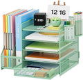 Marbrasse Desk Organizer with File Holder, 5-Tier Paper Letter Tray Organizer with Drawer and 2 Pen Holder, Mesh Desktop Organizer and Storage with Magazine Holder for Office Supplies (Green) by Marbrasse