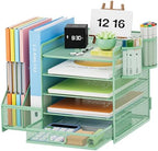 Marbrasse Desk Organizer with File Holder, 5-Tier Paper Letter Tray Organizer with Drawer and 2 Pen Holder, Mesh Desktop Organizer and Storage with Magazine Holder for Office Supplies (Green) by Marbrasse