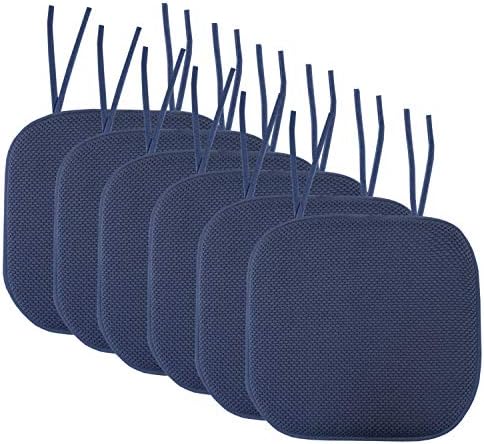 Sweet Home Collection Chair Cushion Memory Foam Pads with Ties Honeycomb Pattern Slip Non Skid Rubber Back Rounded Square 16" x 16" Seat Cover, 6 Pack, Navy 6 Pack by SweetHomeCollection
