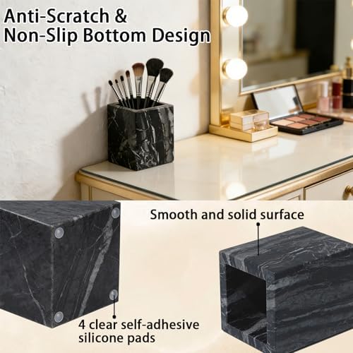 Natural Marble Toothbrush Holder: Pen Holder - Makeup Brush Holder - Marble Organizer for Vanity- Cup for Bathroom - Office & Home Utensil Holder - Desk Organizer - Dark Gray - Image 3