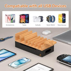 Bamboo Charging Station with 5 Port Charger HUB & 5 Cables- Natural + Black - Image 2