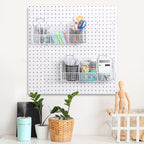 Suzile 2 Pcs Metal Garage Baskets Set with 4 Pegboard Hooks - Wall Mount Storage for Workbench, Bathroom Accessories - 3 Grid (White) - Image 5