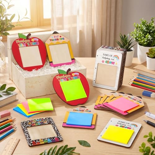 Epakh 48 Sets Back to School Teacher Gifts Bulk Composition Sticky Note Holder with Notepads Wood Sticky Note Dispensers Pencil Apple Notebook Design Thank You Gift for First Day of School - Image 5