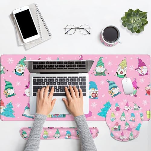 Britimes Keyboard Mouse Pad Set, 4 in 1 Desk Mat Set, Winter Gnome - Image 4