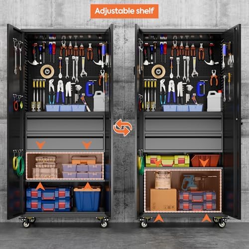 Aobabo Metal Garage Cabinets on Wheels, Lockable Cabinet with 2 Drawers - Image 4