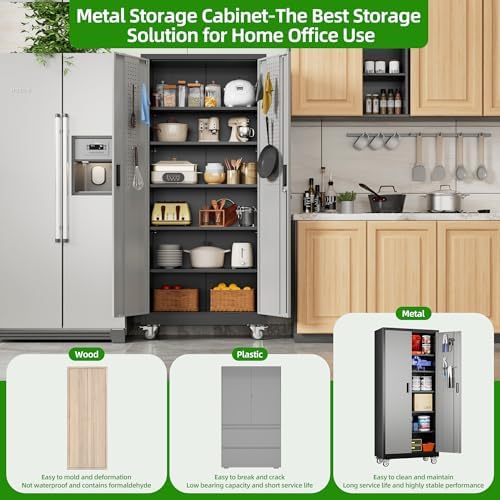 Aobabo Upgraded Garage Storage Cabinets with Wheels,Metal Storage Cabinets with 5 Adjustable Shelves for Garage Home Office Storage, Black&Dark Grey,71''H*32''W*16''D,Assembly Required - Image 6