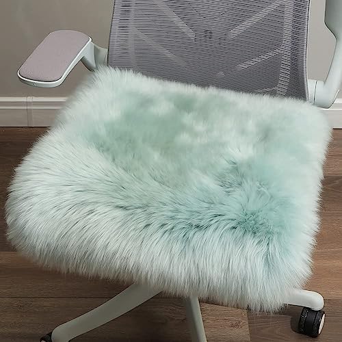 LLB Sheepskin Chair Cushion Non-Slip Back Square Genuine Fur Chair Cover Silky Natural Wool Seat Cushion Pad Soft Area Rugs Carpet for Home Office Restaurant Chair 18x18 Inch (Pack of 1), Milky Mint by LLB