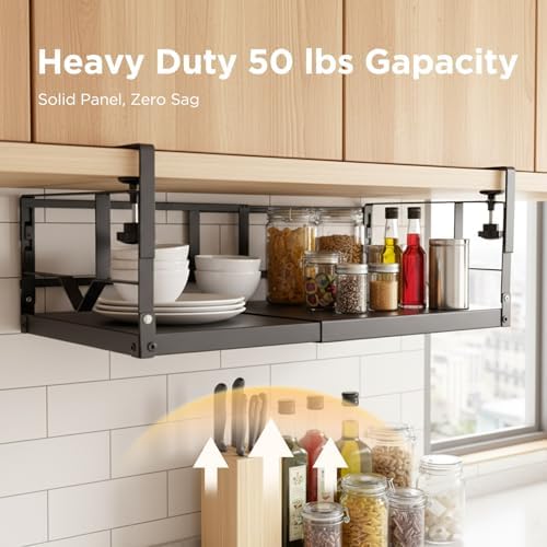 WELTOKE Under Shelf Storage Basket Organizer, Expandable Under Cabinet Shelf,Heavy Duty Metal Cabinet Hanging Shelf For Kitchen Cupboard Cabinet Pantry Laundry Desk Bookshelf Garage, Black(1 Pack) - Image 4