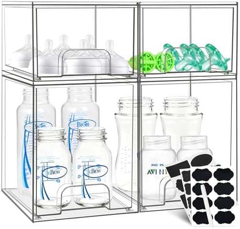 Baby Bottle Organizer, Stackable Storage Drawers with Label, Clear Station Organizers Container for Pacifiers, Pump Parts, Desk Organizer Bins for Bathroom, Cabinet, Pantry, Vanity, Countertop, 4 Pack by Qunland
