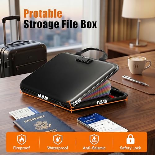 Fireproof Document Organizer with Lock, Semi-Rigid EVA Shell File Box with 13-Pocket Accordion Folder, Water-Resistant Storage for Important Documents, Passports & Certificates - Image 6