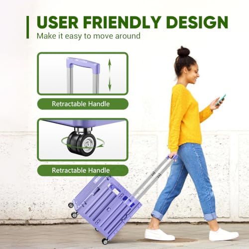 Folding Utility Cart, Portable Rolling Crate Handcart Collapsible Shopping Trolley with Lid, Foldable Tool Box Basket with 4 Rotate Wheels for Grocery, Office, Luggage, School - Purple - Image 4